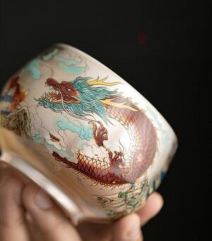 porcelain tea cups-tenmoku glaze-dragon-phoenix-left