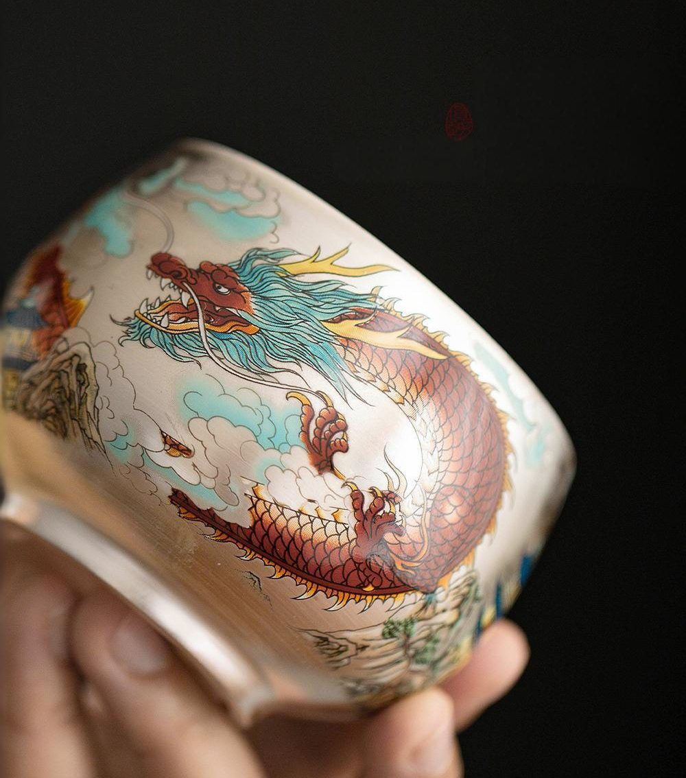 porcelain tea cups-tenmoku glaze-dragon-phoenix-left porcelain tea cups-tenmoku glaze-dragon-phoenix-left