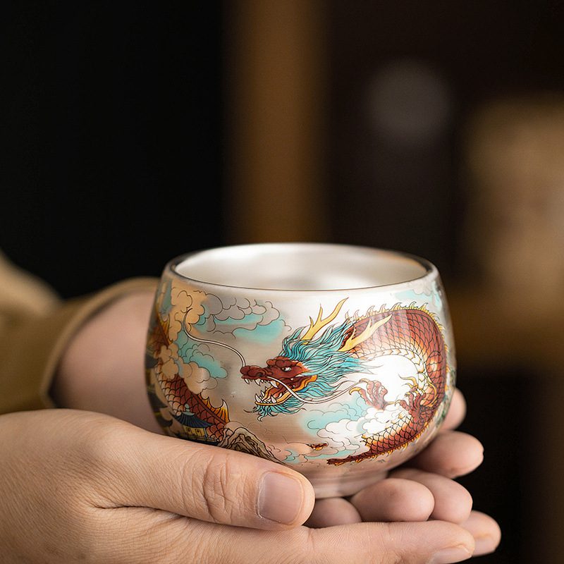 porcelain tea cups-tenmoku glaze-dragon-phoenix-onhand porcelain tea cups-tenmoku glaze-dragon-phoenix-onhand