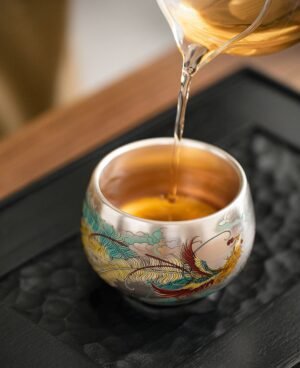 porcelain tea cups-tenmoku glaze-dragon-phoenix-pour