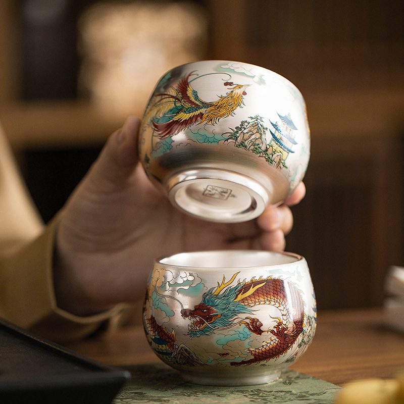 porcelain tea cups-tenmoku glaze-dragon-phoenix-right porcelain tea cups-tenmoku glaze-dragon-phoenix-right