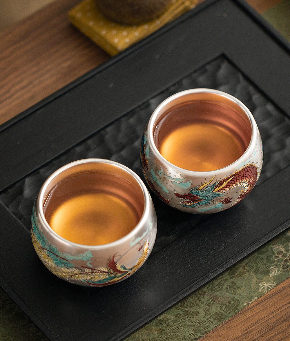 porcelain tea cups-tenmoku glaze-dragon-phoenix-two top porcelain tea cups-tenmoku glaze-dragon-phoenix-two top