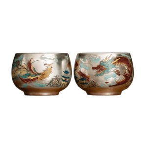 porcelain tea cups-tenmoku glaze-dragon-phoenix-twobackground