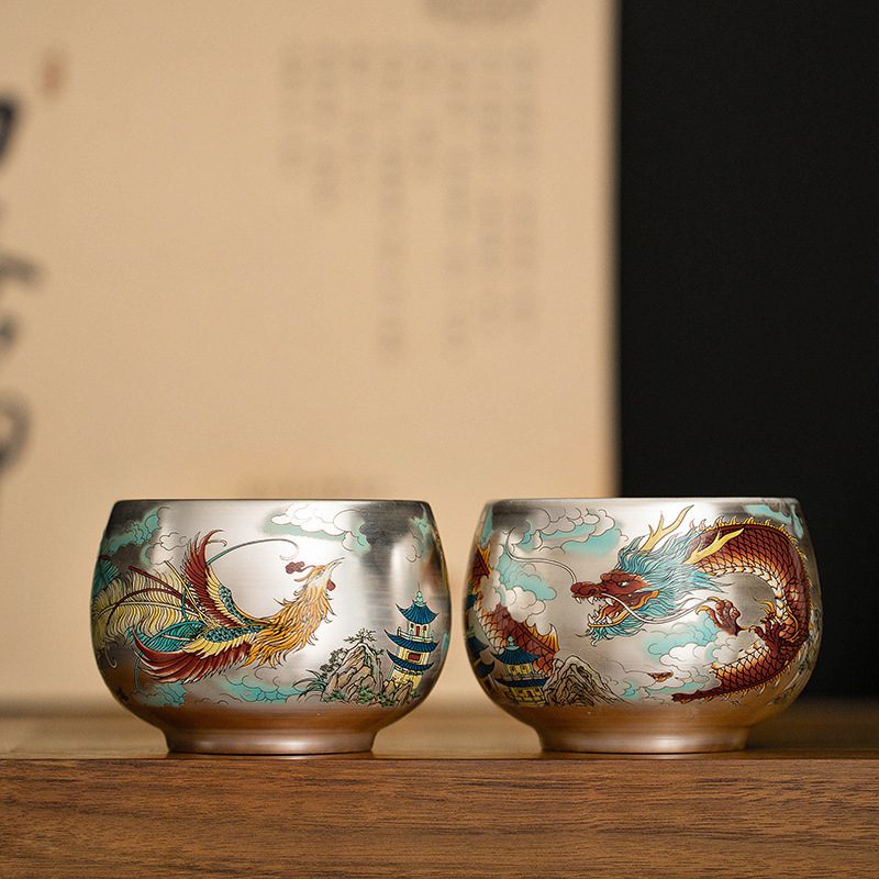 porcelain tea cups-tenmoku glaze-dragon-phoenix-twodesk porcelain tea cups-tenmoku glaze-dragon-phoenix-twodesk