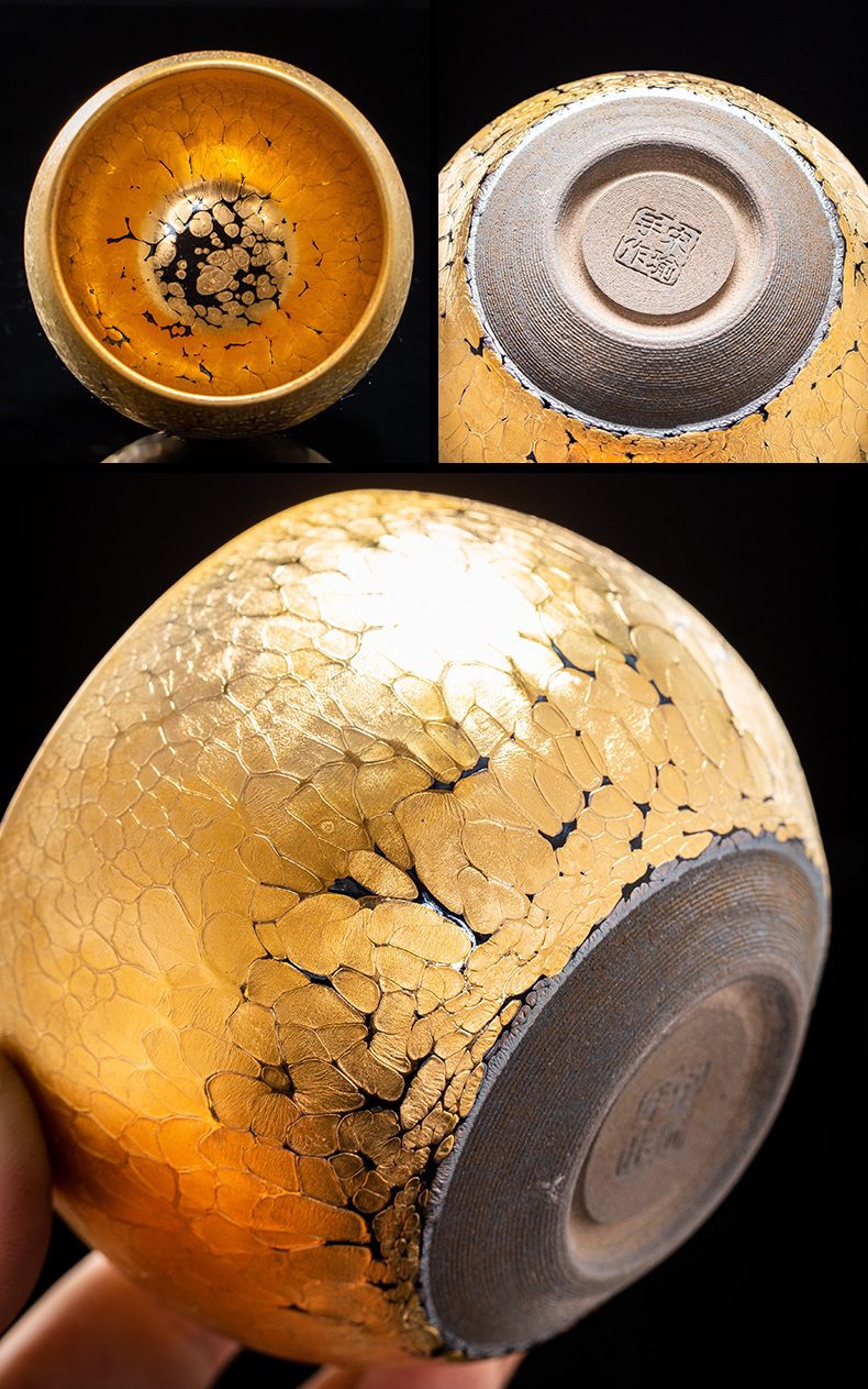 porcelain tea cups-tenmoku glaze-golden-sunburst-bottom porcelain tea cups-tenmoku glaze-golden-sunburst-bottom