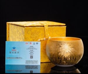 porcelain tea cups-tenmoku glaze-golden-sunburst-giftbox