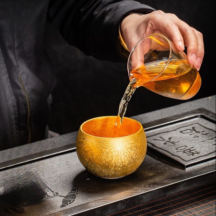 porcelain tea cups-tenmoku glaze-golden-sunburst-pour porcelain tea cups-tenmoku glaze-golden-sunburst-pour