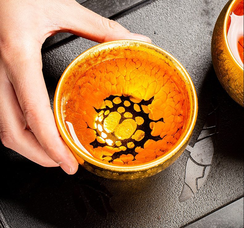 porcelain tea cups-tenmoku glaze-golden-sunburst-top porcelain tea cups-tenmoku glaze-golden-sunburst-top