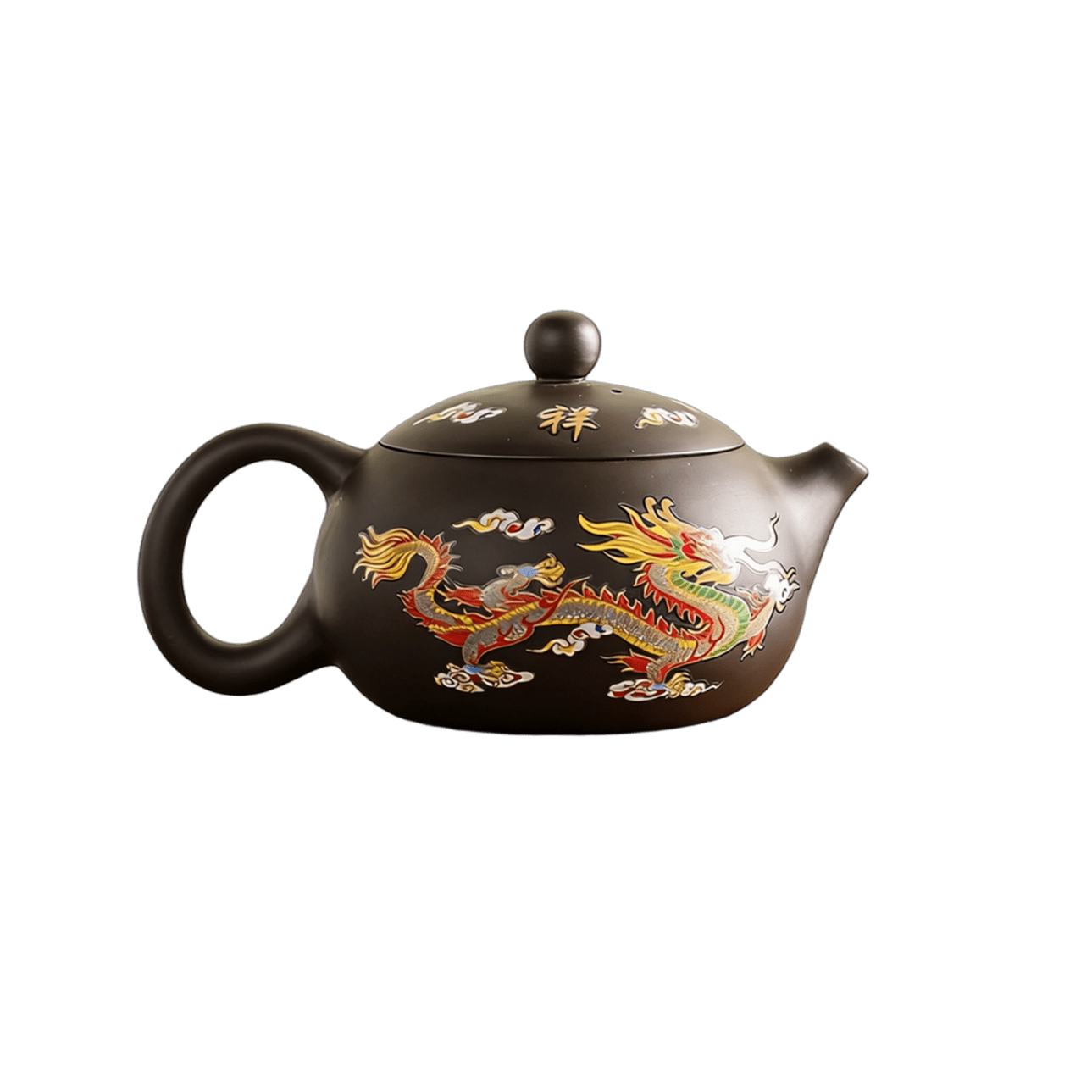 vintage-brown-teapot-chinese-color changing dragon and phoenix-background