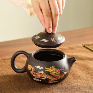 vintage-brown-teapot-chinese-color changing dragon and phoenix-lid