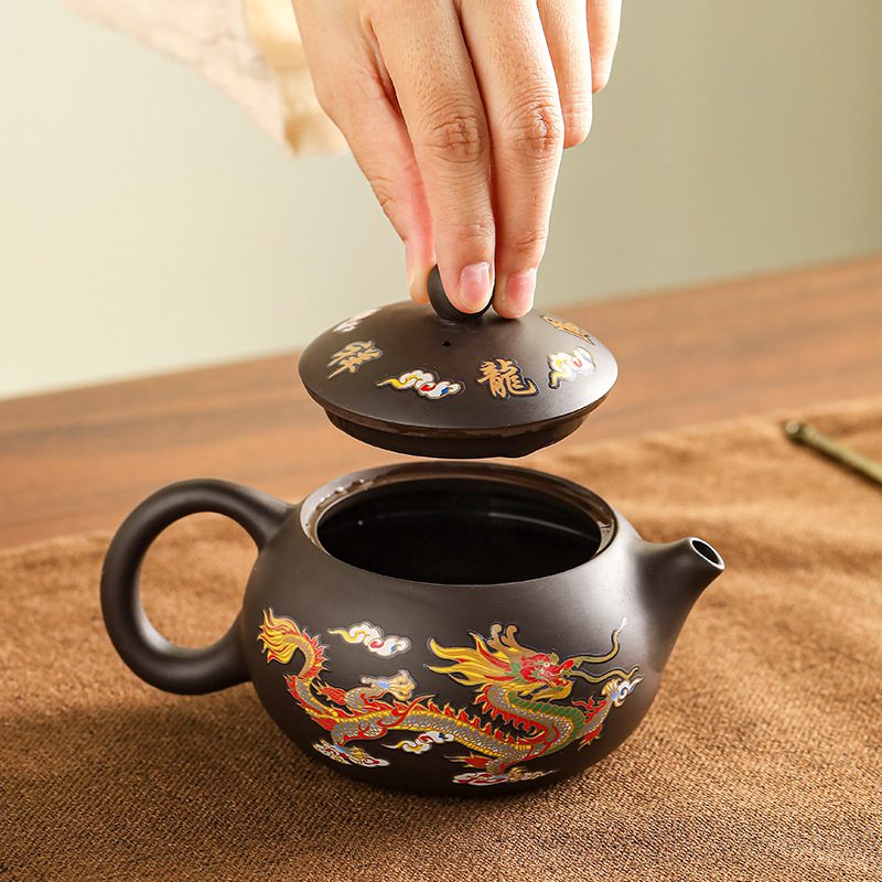 vintage-brown-teapot-chinese-color changing dragon and phoenix-lid
