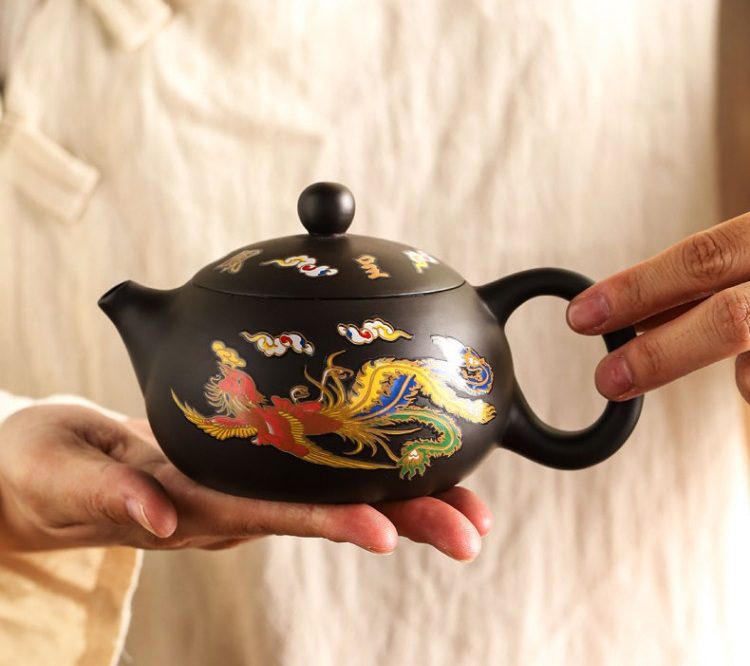 vintage-brown-teapot-chinese-color changing dragon and phoenix-onhand