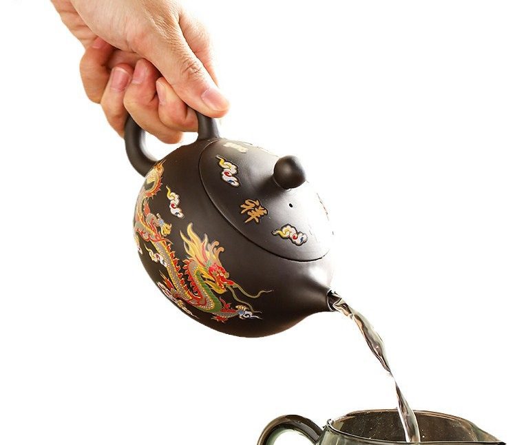 vintage-brown-teapot-chinese-color changing dragon and phoenix-pour