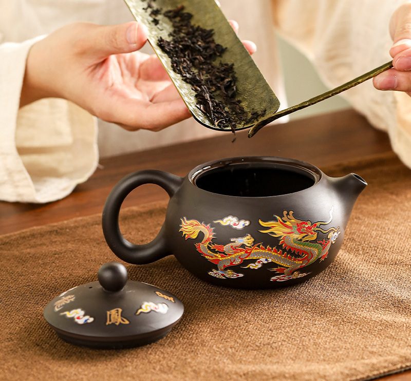 vintage-brown-teapot-chinese-color changing dragon and phoenix-pourleaf