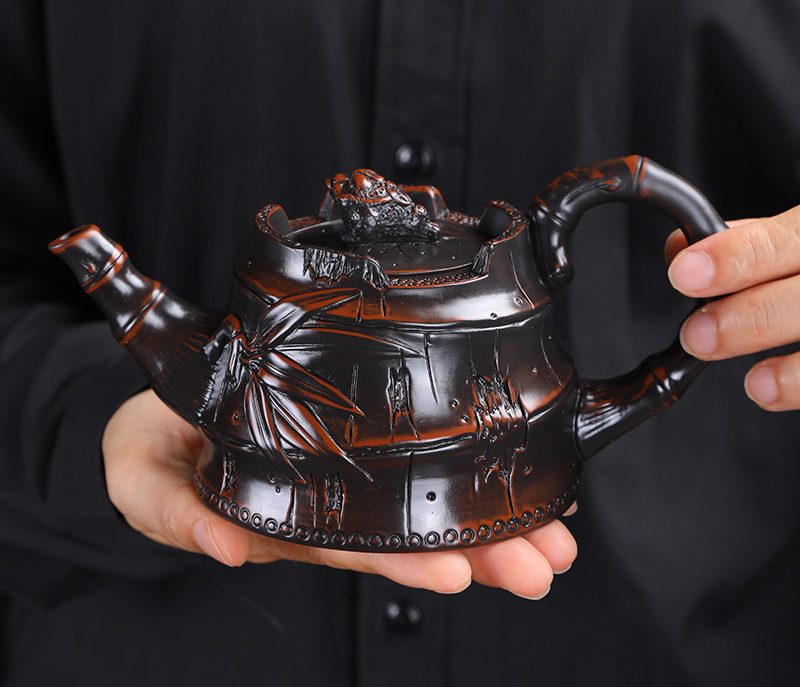 vintage-brown-teapot-yixing purple clay-bamboo-inhand vintage-brown-teapot-yixing purple clay-bamboo-inhand