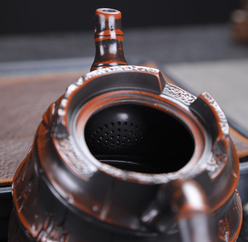 vintage-brown-teapot-yixing purple clay-bamboo-open vintage-brown-teapot-yixing purple clay-bamboo-open