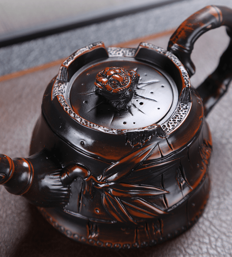 vintage-brown-teapot-yixing purple clay-bamboo-top left vintage-brown-teapot-yixing purple clay-bamboo-top left